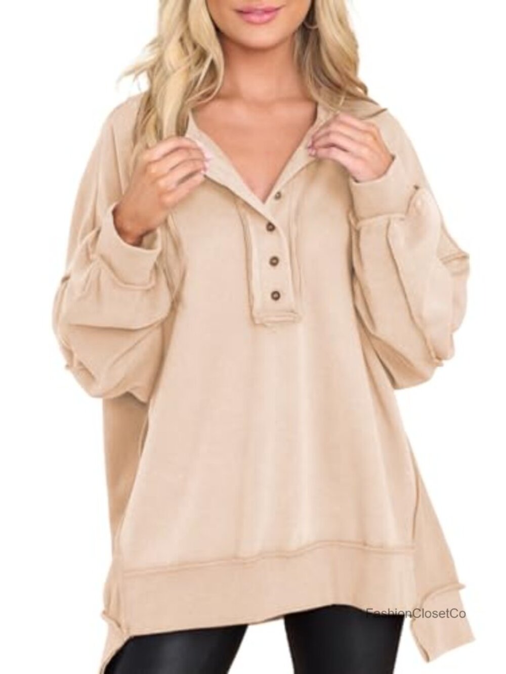 Oversized Henley Neck Sweatshirt Pullover Long Sleeve Fall Winter Soft Cotton